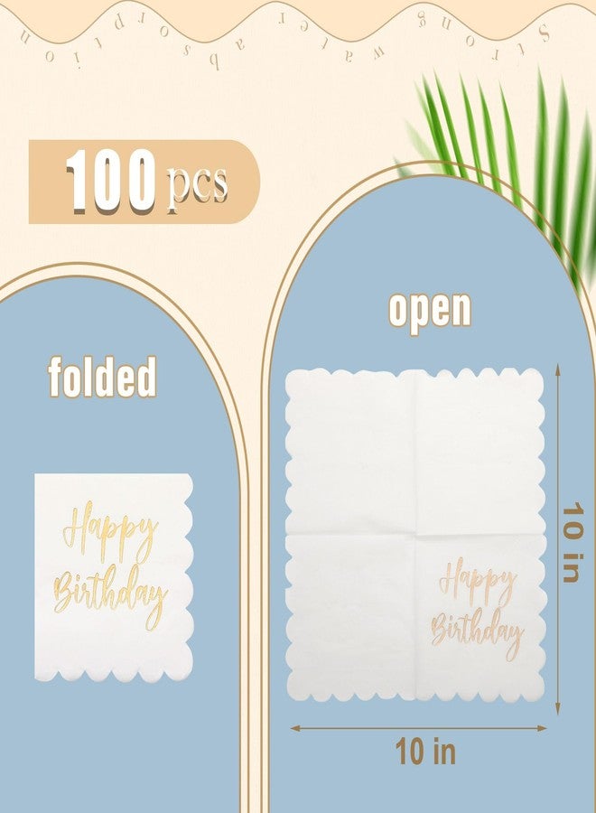 Qilery 100 Pack Happy Birthday Napkins Bulk Scalloped Disposable Cocktail White and Gold Napkins 2 Ply Paper Serviette for Birthday Party Supplies, 5 x 5 Inch - Image 2